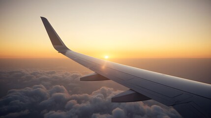 Sleek silver airplane wing extending into golden sunset sky with metallic reflections