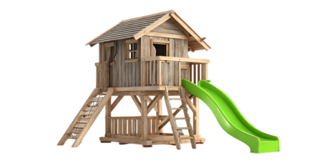 Wooden playhouse with ladder and green slide isolated on white background.