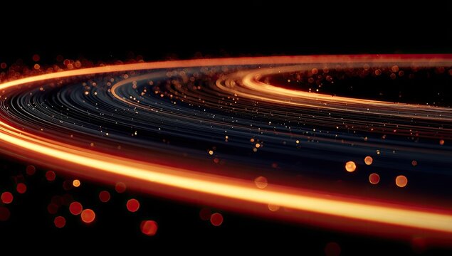 Glowing orange and red streaks form concentric circles against a dark background, interspersed with bokeh lights