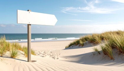 Sunny beach with modern signpost and ocean in the background