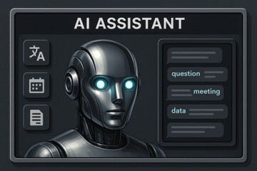 Metallic Futuristic AI Assistant in Digital Interface Panel with Chat and Data Functions
