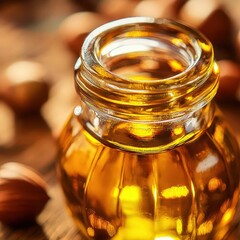 closeup of hazelnut oil in a small glass bottle with deep golden color, macro artisanal oil photography