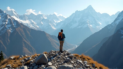 Hiker trekking in the majestic Himalaya mountains under clear blue sky