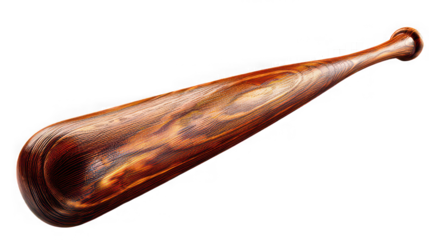A wooden club with a rounded handle and a smooth polished surface against a black background studio shot
