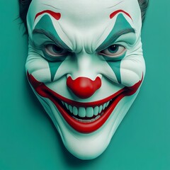 closeup of playful joker face illustration on soft blue to teal gradient background