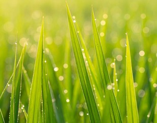 Fototapeta premium Vibrant green grass blades glistening with morning dew drops against a beautiful soft focus bokeh background.