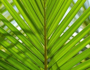 Obraz premium Vibrant green palm leaf texture illuminated by natural light, showcasing the detailed parallel veins and lush botanical beauty of tropical foliage.