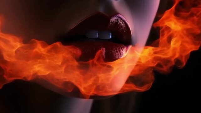 video with womans lips in burning flame on black background. Cropped girls face in red fire with copy space for text on dark backdrop. Love, passion and sex concept.