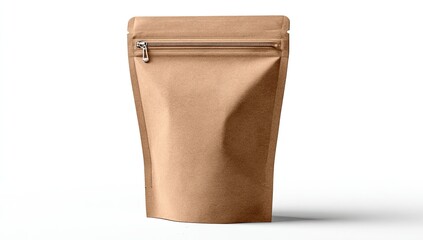 Kraft paper stand-up pouch with a silver zipper closure, isolated on white background, showing subtle shadow