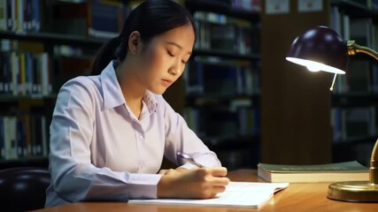 A focused student diligently takes notes at her desk, illuminated by a warm lamp, in a quiet library environment with books. - Powered by Adobe