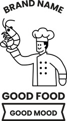 A chef holding a shrimp in his hand with a white background