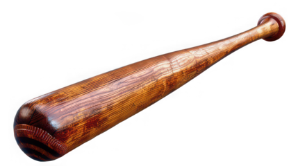 A single wooden baseball bat with a brown finish isolated against a black background in a studio shot