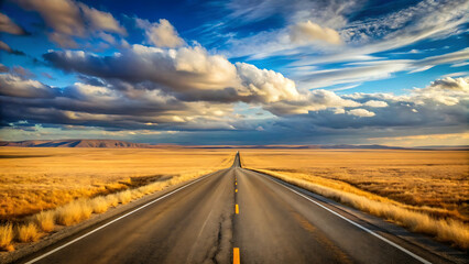 Fototapeta premium Empty road stretching to the horizon in a dry field under cloudy sky travel adventure