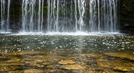 岩の多い場所にある滝の透明な水流 夏の日差しが水面を照らす背景の緑豊かな自然