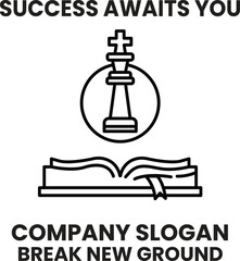 A black and white image of a chess board with a king and a book