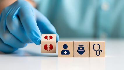 Hand in blue glove places kidney icon block next to medical symbols