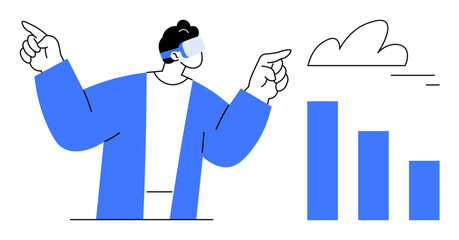 Person wearing virtual reality headset pointing to bar chart and cloud. Ideal for innovation, technology, digital trends, virtual reality, data, future planning, simple landing page