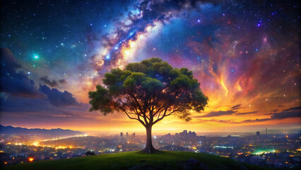 Fototapeta premium Galaxy tree emerging from cityscape under colorful starry sky digital fantasy art