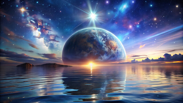 Glowing planet above tranquil ocean with stars and clouds cosmic seascape - Powered by Adobe