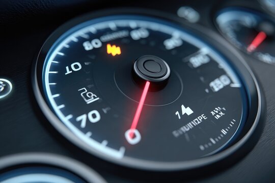 Close-up of a modern car dashboard speedometer.  Fuel gauge and engine warning light are illuminated