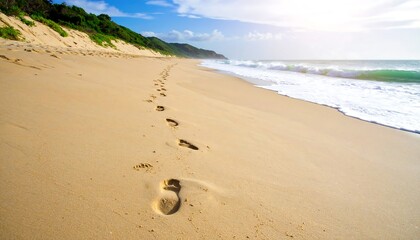 Footprints in the sand leading to a tropical ocean beach under a bright sunny sky