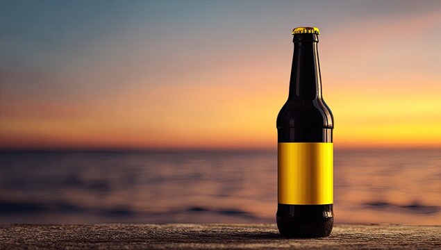 A dark beer bottle with a gold label sits on weathered wood overlooking a calm ocean during a vibrant sunset - Powered by Adobe