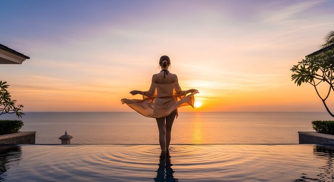 Woman enjoying golden sunset view from luxury infinity pool, Ocean, Relaxation, Tropical, Escape. - Powered by Adobe