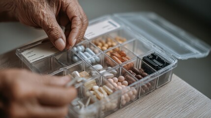 Person's hands arranging pills in a medication organizer.