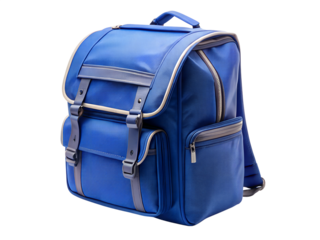 Blue backpack isolated on transparent background for travel or school use