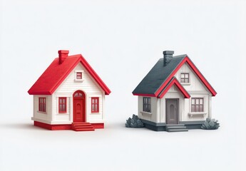 Two stylized, miniature houses, one with red and white exterior, the other with gray and white.  Both feature simple architectural details
