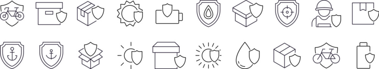 Collection of Outline Symbols of Shields with Items Drawn with Thin Line for Graphics, Cards, Web Sites, Apps