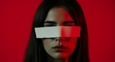 Mysterious woman with paper blindfold on red background, artistic portrait.