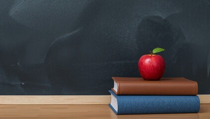 A red apple with a green leaf rests atop stacked books in front of a chalkboard.