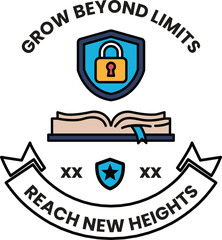 A logo for Grow Beyond Limits that features a book, a key, and a shield
