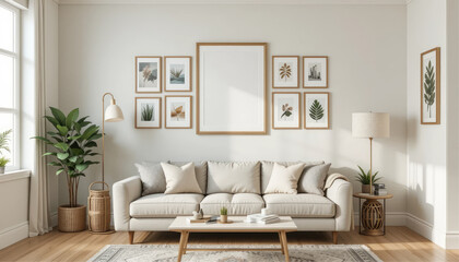 A4 frame mockup on a gallery-style wall in a cozy living room with light hardwood floors.
