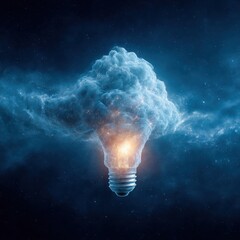 cosmic cloud shaped like a lightbulb glowing in space