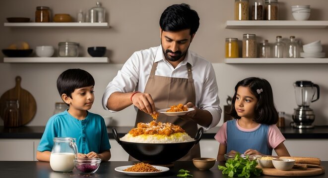 Indian Family Cooking Traditional Biryani Dish Together, Home, Kitchen, Meal, Culture, Bonding, Happiness, Parenthood - Powered by Adobe