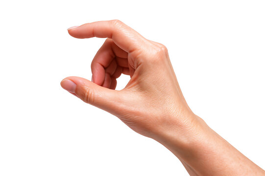 A close-up of a woman&rsquo;s hand making a gesture as if holding something small.