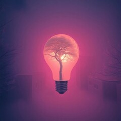 Mini edificio y arboles dentro de una bombilla / foco