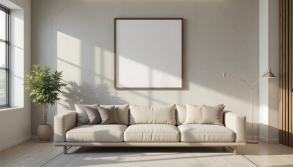 A3 frame mockup above a minimalist sofa, bright open background.