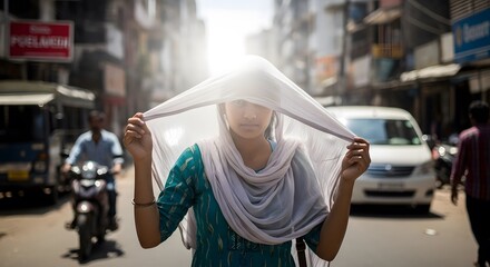 Young Indian woman shielding face with white scarf, Woman, India, Scarf, Sunlight, Street