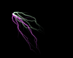 Vibrant purple and green electric lightning bolts flash powerfully against a dark void, creating a dynamic energy display.