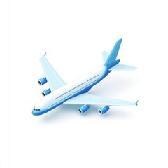 Isometric view of a large passenger airplane.  Light blue and white design.  Detailed engines and wings.  Flat style.  Modern illustration