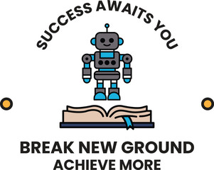 A robot is standing on a book with the words 