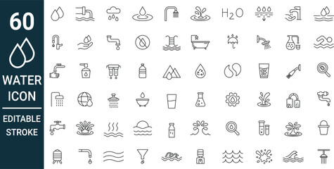  water icons set, editable outline stroke symbols of drops, faucets, showers, filtration, swimming, and hydrology, black water icon