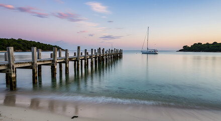 Fototapeta premium Peaceful view of an ancient wooden pier on calm water