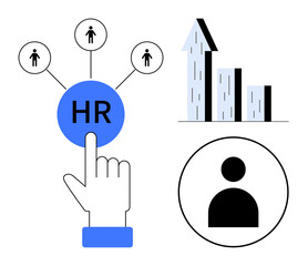 HR button with hand selection, employee connections, upward growth bars, user icon. Ideal for HR systems, recruitment, onboarding, teamwork, performance career growth simple landing page
