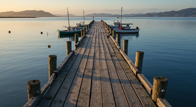 Peaceful view of an ancient wooden pier on calm water