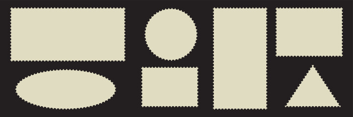 Post stamps. Empty stamps set. Postal shapes border. Blank frames for mail letter. Postage perforated templates. Blank Postage Stamps. Light Postage Stamps on gray background. Vector illustratio.EPS10