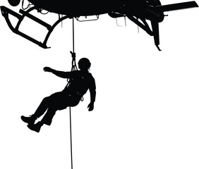 Silhouette of a man being rescued from a helicopter using a rope, represents emergency response, military operations, and aviation support